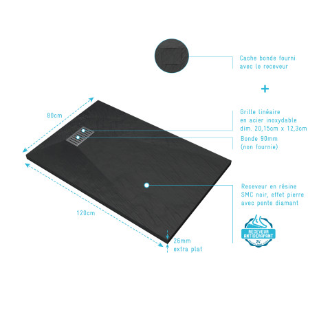 Pack receveur noir effet pierre 120x80 cm et grille décor linéaire en inox - pack rock 2 Aurlane - PACR129