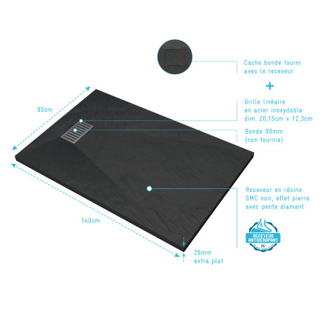 Pack Receveur Noir effet pierre 90x140 cm et grille décor linéaire en Inox Aurlane - PACR130