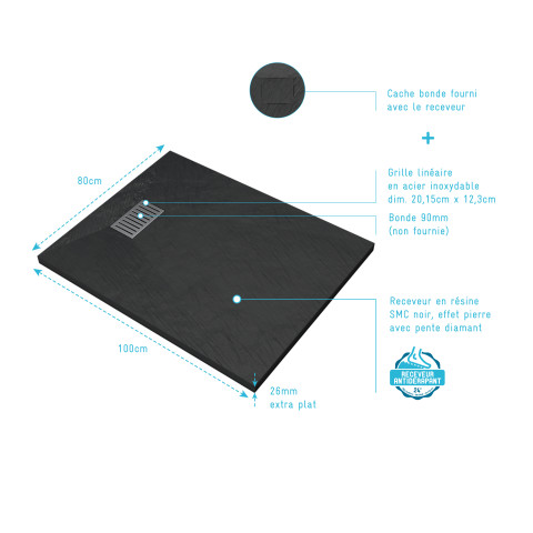 Pack receveur noir effet pierre 100x80 cm et grille décor linéaire en inox - pack rock 2 Aurlane - PACR131