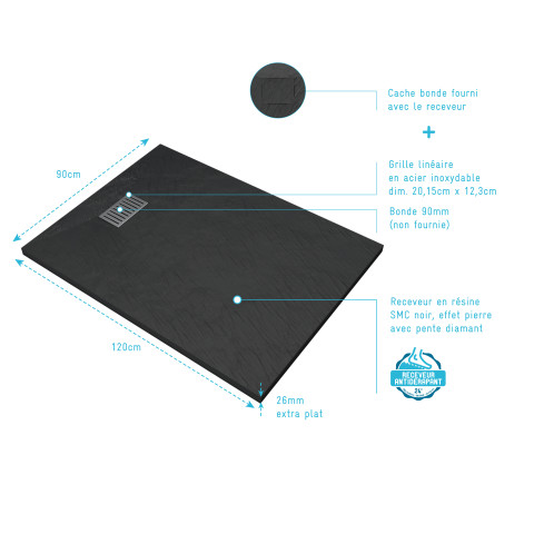 Pack receveur noir effet pierre 120x90 cm et grille décor linéaire en inox - pack rock 2 Aurlane - PACR132