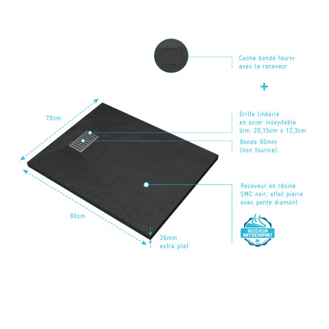 Pack receveur noir effet pierre 90x70 cm et grille décor linéaire en inox - pack rock 2 Aurlane - PACR133