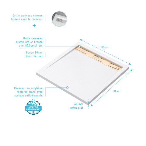 Receveur en acrylique blanc 80x80x4 cm + grilles linéaires chrome et or brossé - whiteness ii Aurlane - PACR151