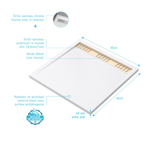 Receveur en acrylique blanc 90x90x4 cm + grilles linéaires chrome et or brossé - whiteness ii Aurlane - PACR152