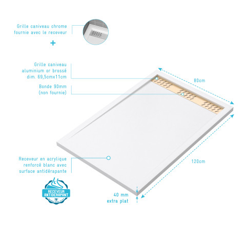 Receveur en acrylique blanc 80x120x4 cm + grilles linéaires chrome et or brossé - whiteness ii Aurlane - PACR154