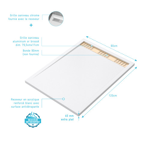 Receveur en acrylique blanc 90x120x4 cm + grilles linéaires chrome et or brossé - whiteness ii Aurlane - PACR155