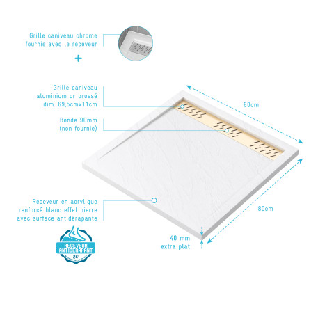 Receveur en acrylique blanc effet pierre 80x80x4 cm + grilles linéaires chrome et or brossé - moon Aurlane - PACR157