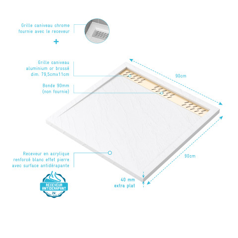 Receveur en acrylique blanc effet pierre 90x90x4 cm + grilles linéaires chrome et or brossé - moon Aurlane - PACR158