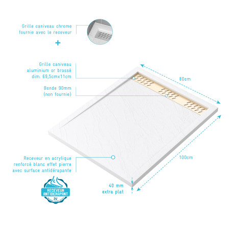 Receveur en acrylique blanc effet pierre 80x100x4 cm + grilles linéaires chrome et or brossé - moon Aurlane - PACR159