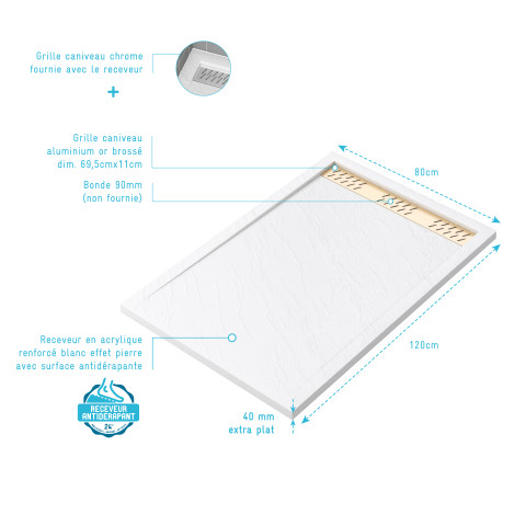 Receveur en acrylique blanc effet pierre 80x120x4 cm + grilles linéaires chrome et or brossé - moon Aurlane - PACR160