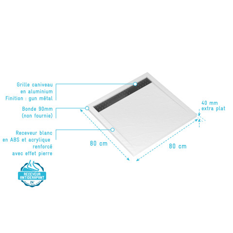 Receveur en acrylique blanc effet pierre 80x80x4cm + grilles linéaires chrome et gun metal Aurlane - PACR170