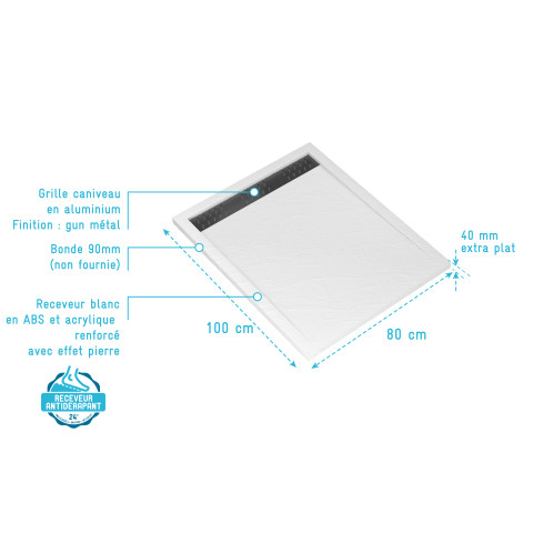 Receveur en acrylique blanc effet pierre 100x80x4cm + grilles linéaires chrome et gun metal Aurlane - PACR172