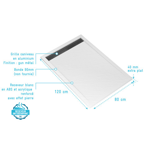 Receveur en acrylique blanc effet pierre 120x80x4cm + grilles linéaires chrome et gun metal Aurlane - PACR173