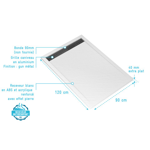 Receveur en acrylique blanc effet pierre 120x90x4cm + grilles linéaires chrome et gun metal Aurlane - PACR174