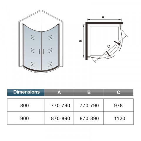 Cabine de douche 1/4 de rond en verre anticalcaire - Dimensions au choix