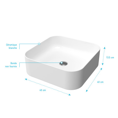 Vasque carrée blanche en céramique à poser - 46x33x13.5cm - pop square rounded