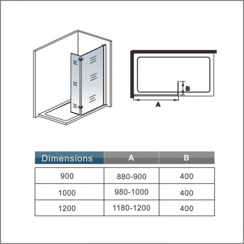 Paroi de douche 90+40x200cm en 8mm verre anticalcaire et une barre de douche extensible rond