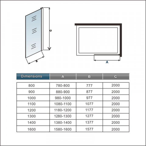 Paroi de douche verre anticalcaire 10 mm avec barre de fixation à pince 90 cm - Dimensions au choix