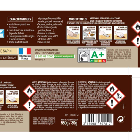 Mastic à bois avec durcisseur angles/gros trous sapin 500ml - SINTO - 139781