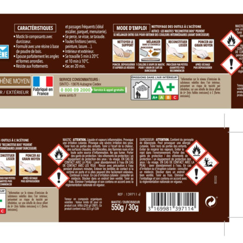 Mastic à bois avec durcisseur angles/gros trous chêne moyen 500ml - SINTO - 139711
