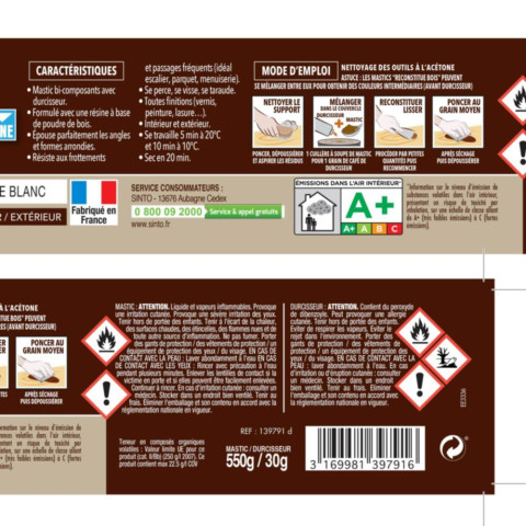 Mastic à bois avec durcisseur angles/gros trous blanc 500ml - SINTO - 139791