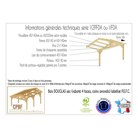 Abri deux pentes faitage decale adosse, 500cmx800cm, bois douglas francais, carport, auvent, abri voiture, cpbf-v2pfda500x800