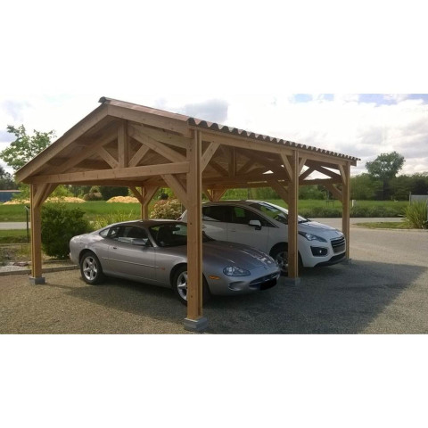 Abri deux pentes faitage decale, 500cmx700cm, bois douglas francais, carport, auvent, abri voiture, cpbf-v2pfd500x700