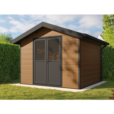 Abri de jardin composite isora - 9m2 - epaisseur des madriers : 28mm - cabane atelier / abri velo - menuiseries en aluminium - Couleur au choix