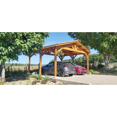 Abri deux pentes, 500cmx1250cm, bois douglas francais, carport, auvent, abri voiture, cpbf-v2p500x1250