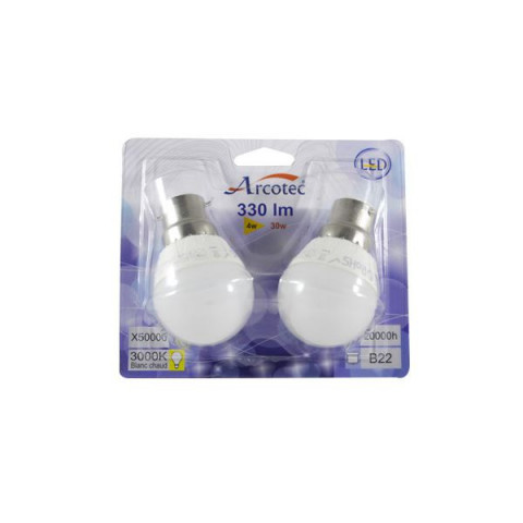 Pack de 2 ampoules led B22 4 watt (eq. 30 watt) - Couleur eclairage - Blanc chaud 3000°K