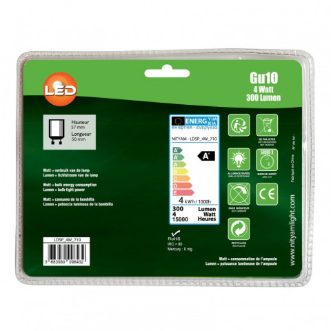 Lot de 5 ampoules led spots gu10 4w 300 lumens - couleur chaude 3000k - classe énergétique a+