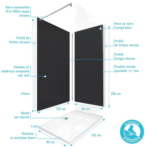 Pack complet 2 panneaux muraux WALL’IT NOIR + receveur WHITENESS II 120 + paroi de douche FREEDOM 2 TRANSPARENT 120 Aurlane - PACP043