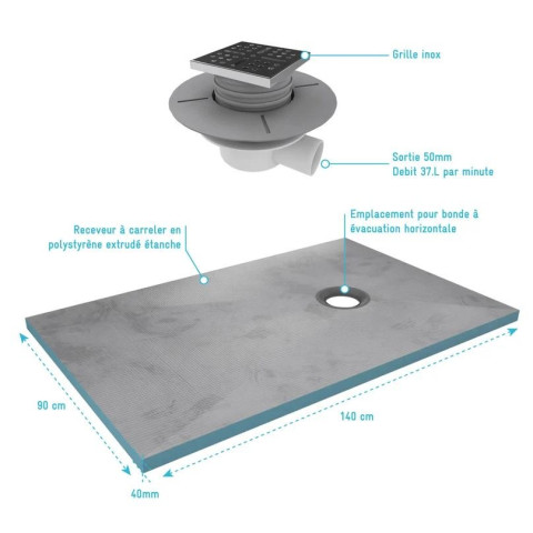 Bac receveur de douche à carreler 140x90cm recoupable sur mesure + bonde horizontale -RAINY Aurlane - PACR003