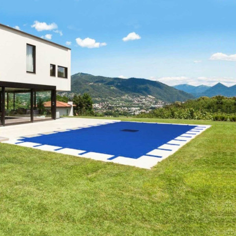 Bâche Piscine rectangulaire 6x10 m - TECPLAST 155PI - Couverture Piscine d'hivernage avec Filet d'écoulement central
