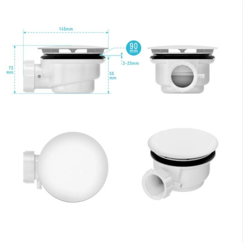 Bonde de receveur Ø90 mm - Capot blanc mat - Evacuation Horizontale Aurlane - FAC1140