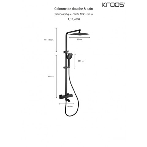 Colonne de douche & bain thermostatique, carrée noir - grosa