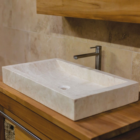Vasque à poser rectangulaire pour salle de bains travertin beige 70x40x10 cm