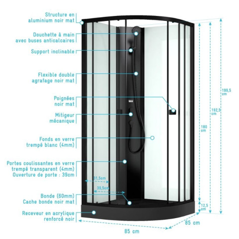 Cabine de douche 1/4 de cercle 85x85x200 cm - Portes coulissantes - Receveur Noir Mat - ELEMENTARY Aurlane - CAB290
