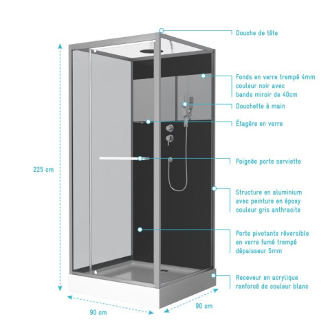 Cabine de douche 90x90cm carrée porte pivotante – avec bande effet miroir – SQUARE STRIPE Aurlane - CAB159