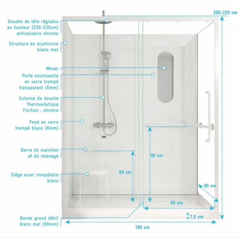 Cabine de douche blanche sécurisée et accessible à tous 160x85x220cm - Mitigeur thermostatique - INCLUSIVE Aurlane - CAB301