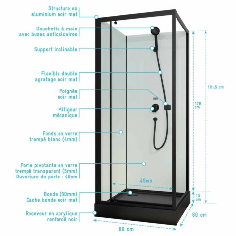 Cabine de douche carrée 80x80x200 cm - Porte pivotante - Fonds Blancs - Receveur et Profilés Noirs Aurlane - CAB297