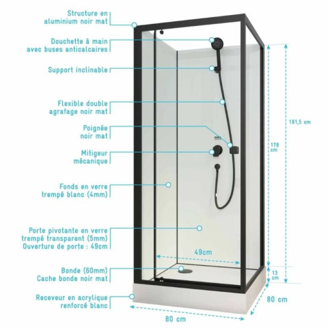 Cabine de douche carrée 80x80x200 cm - Porte pivotante - Fonds Blancs & Profilés Noir Mat Aurlane - CAB296