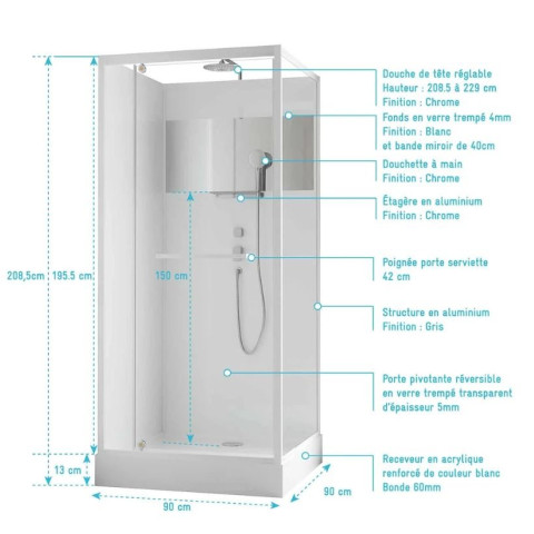 Cabine de douche carrée 90x90cm porte pivotante - Blanche - Bande Effet Miroir - SQUARE STRIPE Aurlane - CAB293