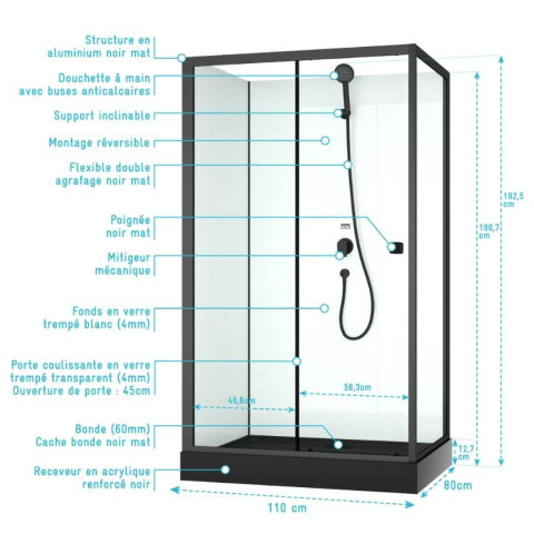 Cabine de douche rectangulaire 110x80x197 cm - Portes coulissantes - Receveur Noir Mat - ELEMENTARY Aurlane - CAB291