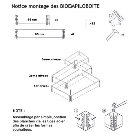 Carré potager en bois naturel 3 étages 1200 x 1200mm