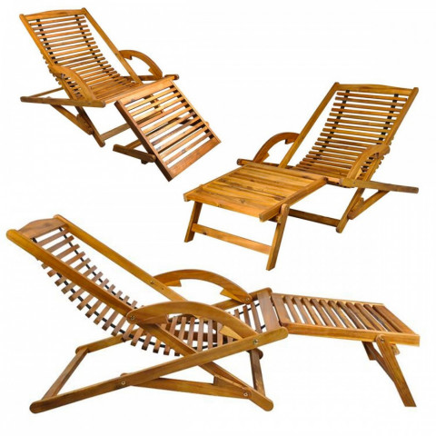 Transat en bois chaise longue bain de soleil avec repose pieds      marron