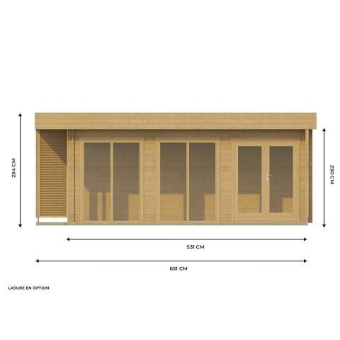 Chalet en bois LUMIO - 2 doubles portes + 3 baies fixes - madriers épais (44mm) - serrure à cylindre - terrasse - garantie 5 ans - Surface en m² au choix