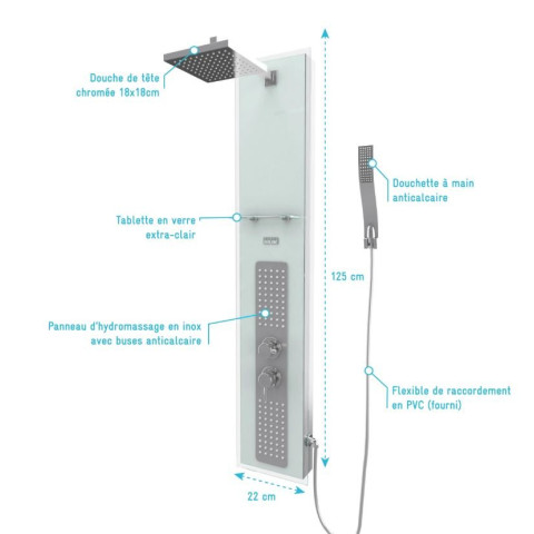 Colonne de douche à hydromassage 22x125cm - Verre Trempé avec plaque Inox - ALPHA WHITE Aurlane - COL043