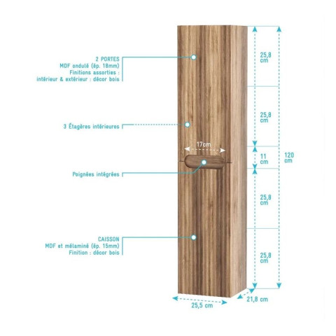 Colonne de salle de bain Bois suspendu - Hauteur 120 cm - 2 Portes - LEON Aurlane - LAV981