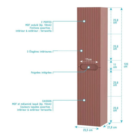 Colonne de salle de bain Terracotta suspendu - Hauteur 120 cm - 2 Portes - LEON Aurlane - LAV983