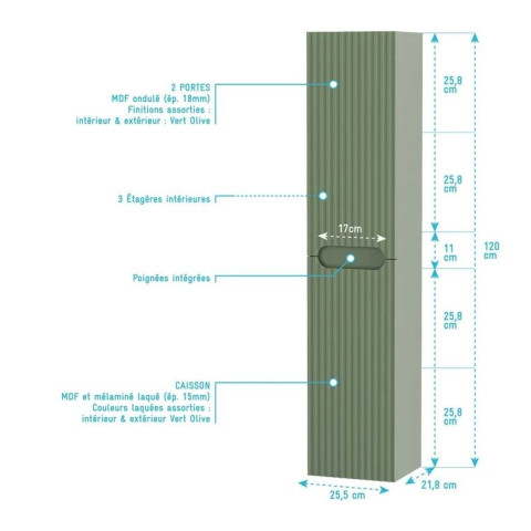 Colonne de salle de bain Vert olive suspendu - Hauteur 120 cm - 2 Portes - LEON Aurlane - LAV985